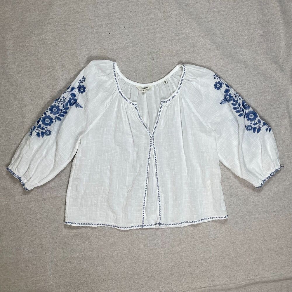 Max Studio | White & Blue Floral Embroidered Peasant Top | Large